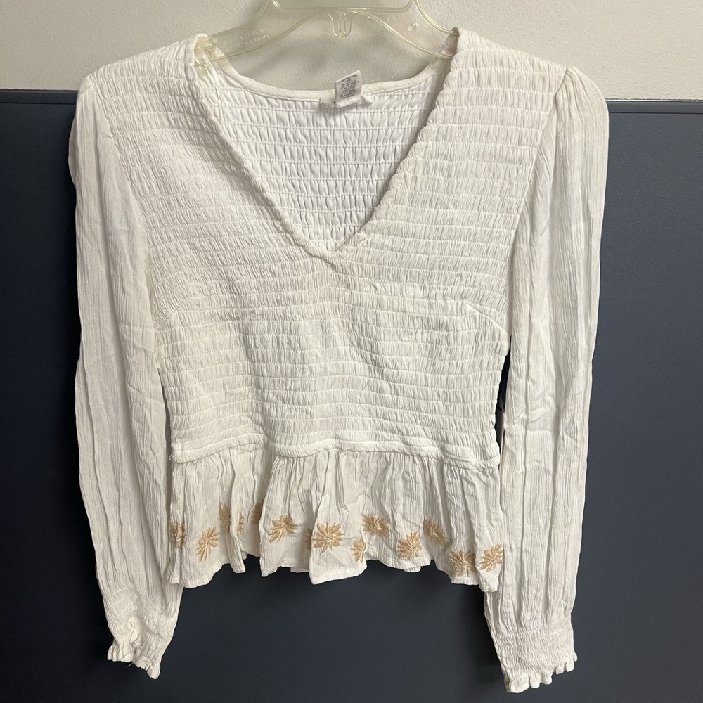 Japna Khaki Peasant White Top Brown Flower‎ Embroidery Ribbed Women's Medium NWT